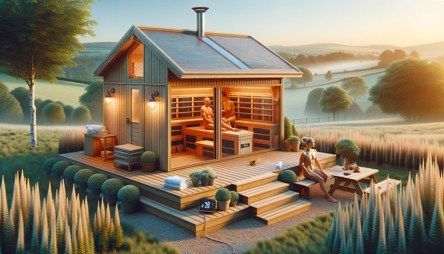 A small wooden sauna sits in a scenic field, with people relaxing inside and outside on a wooden deck.