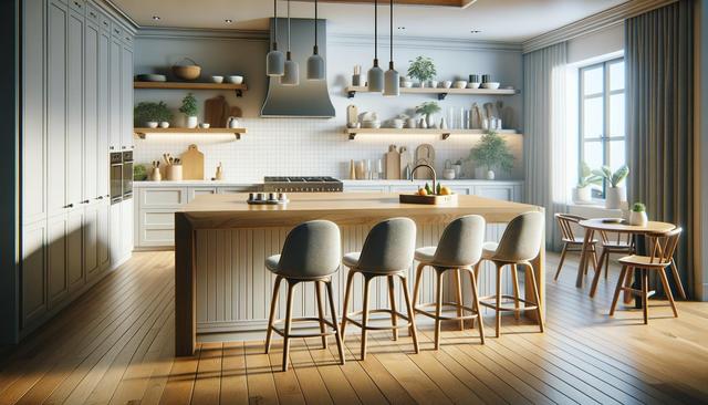 Bright, modern kitchen with wooden accents, an island, bar stools, shelves, and plants.