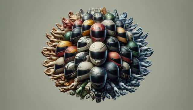 A circular arrangement of colorful motorcycle helmets, each surrounded by reaching hands, on a plain background.