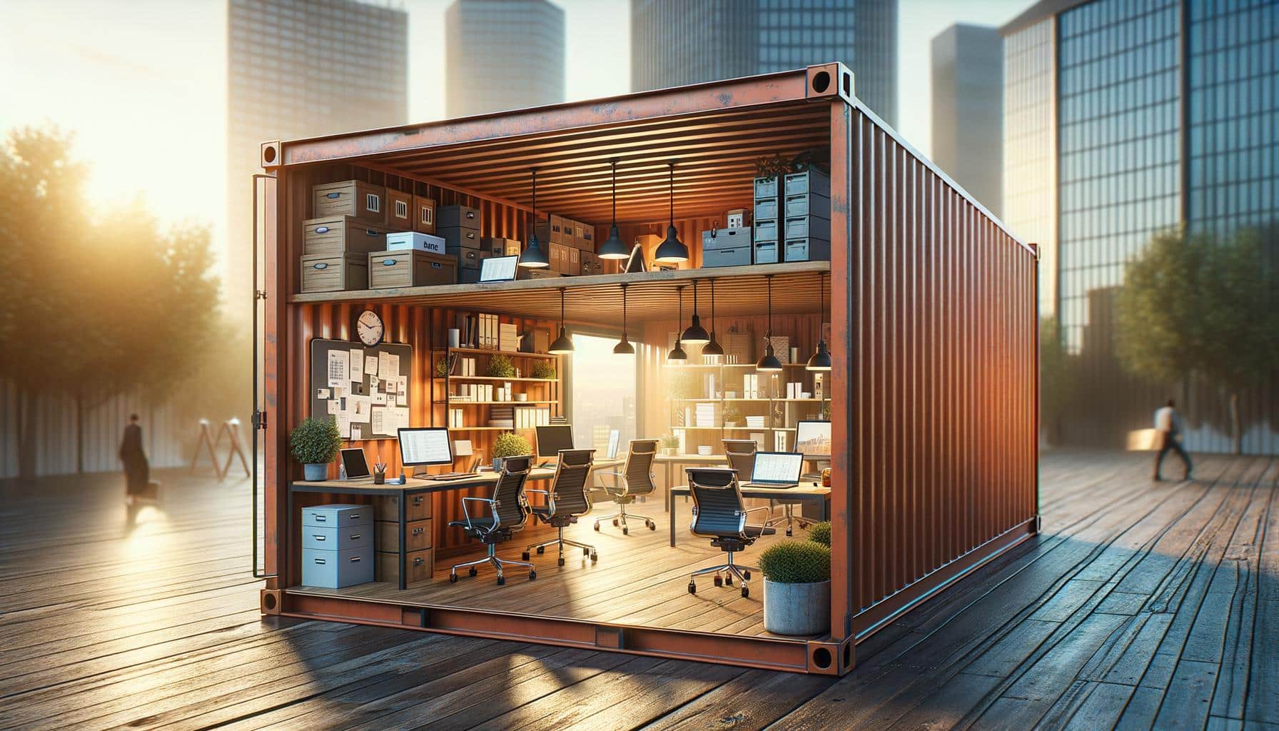 Shipping container converted into a modern office with desks, chairs, and computers, surrounded by city skyscrapers.