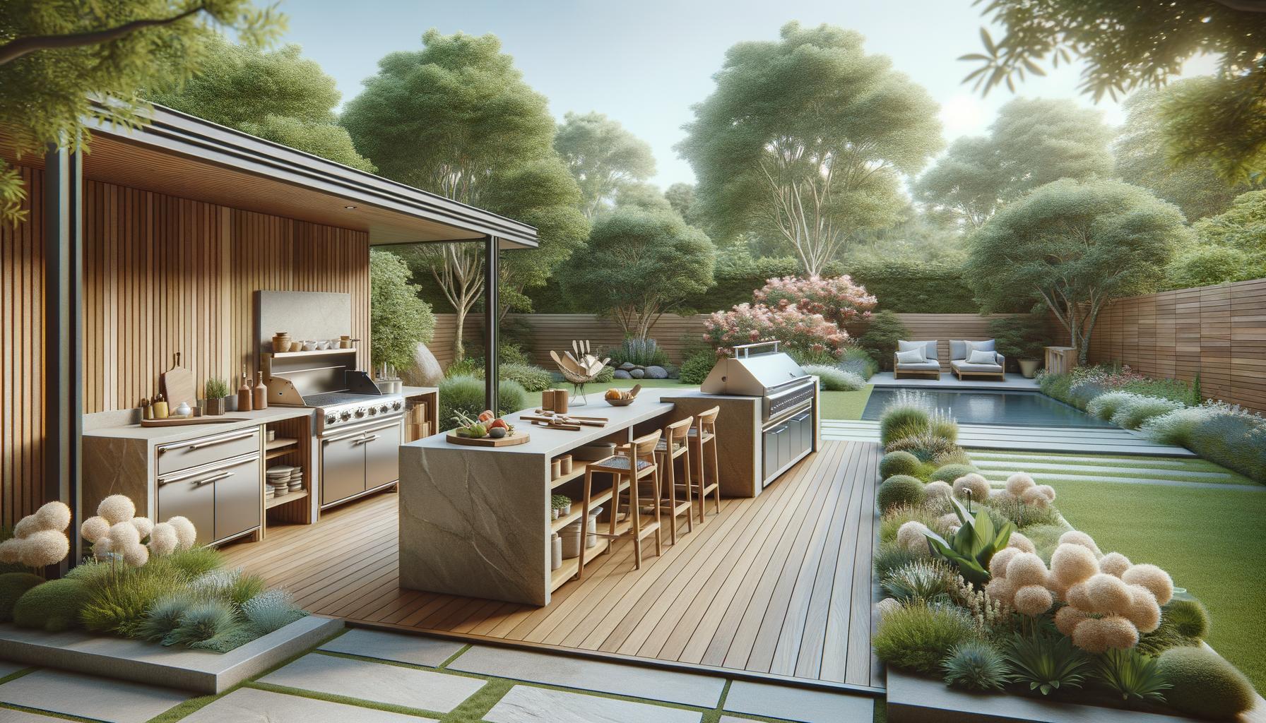 Modern outdoor kitchen and seating area with a minimalist design, surrounded by lush greenery and a small pool.