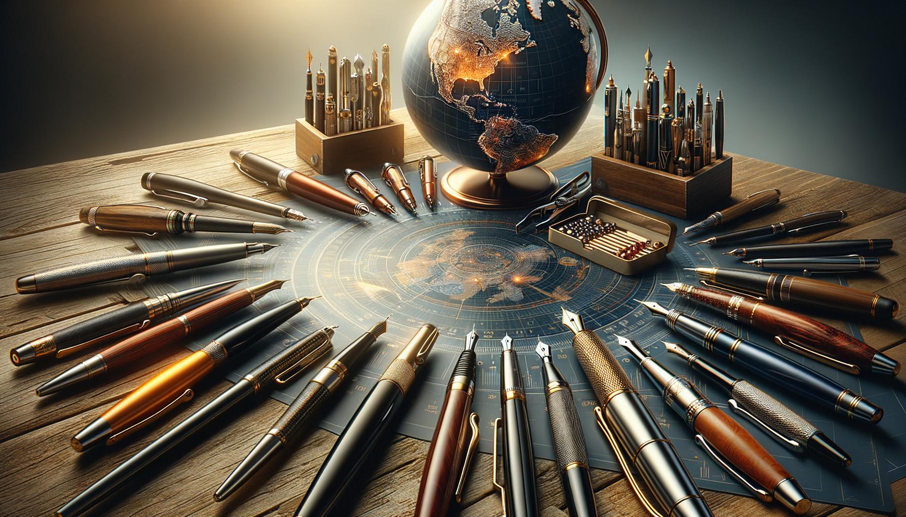 A variety of pens arranged in a circle on a table, surrounding a globe with glowing cities, with pen holders in the background.