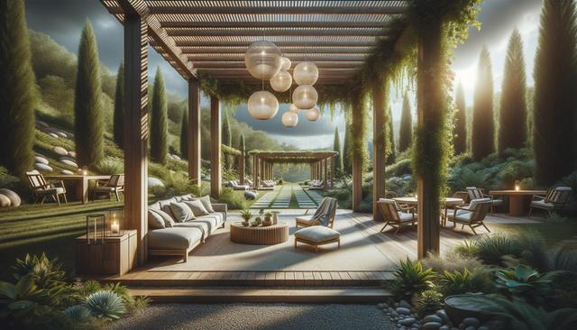 Luxurious outdoor lounge with wooden pergolas, cushioned seating, hanging globe lights, and lush greenery.