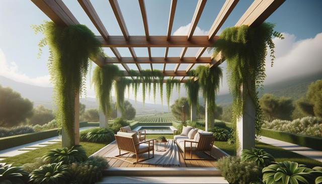 Outdoor seating under a wooden pergola with lush vines, overlooking a scenic landscape.