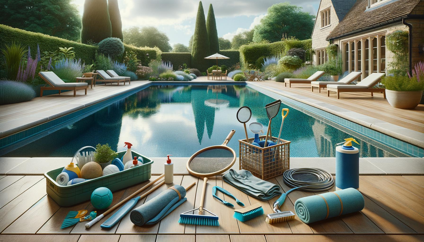 A pool with cleaning supplies and equipment on a wooden deck, surrounded by gardens and lounge chairs near a house.