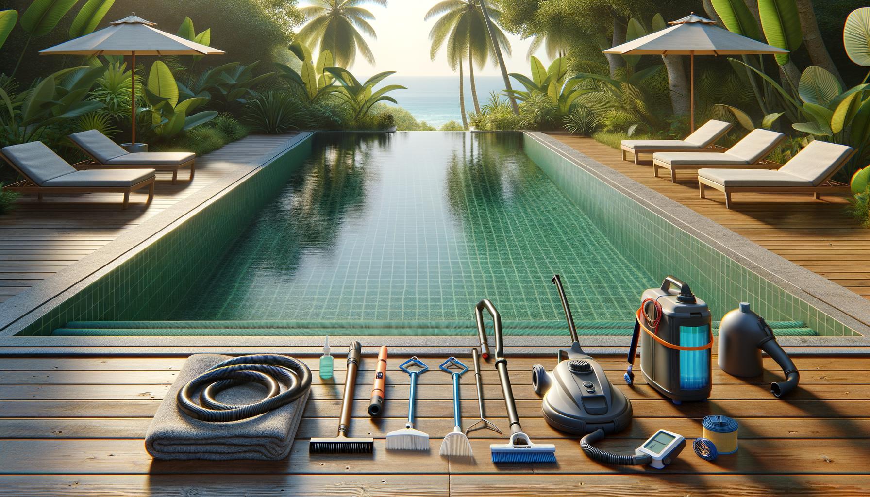 Infinity pool with lush greenery and beach view, surrounded by loungers and umbrellas; pool cleaning equipment placed on deck.
