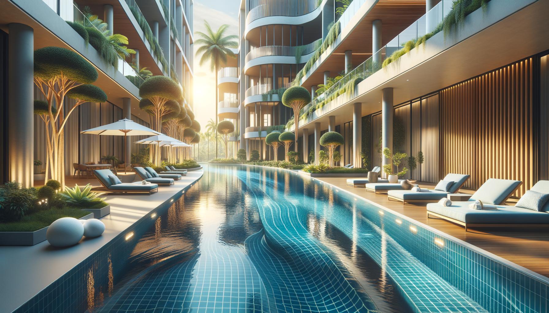 Luxurious courtyard with a sparkling pool, sleek lounge chairs, and modern architecture, surrounded by greenery and bathed in warm sunlight.