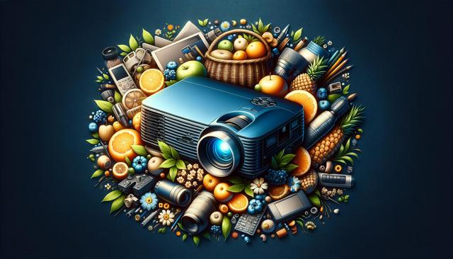 A projector surrounded by fruit, flowers, and various gadgets.