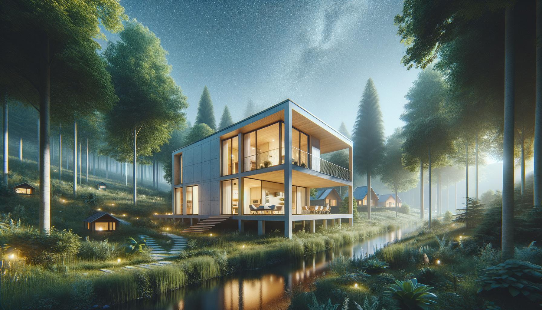 Modern, illuminated house in a lush forest with a starry night sky.