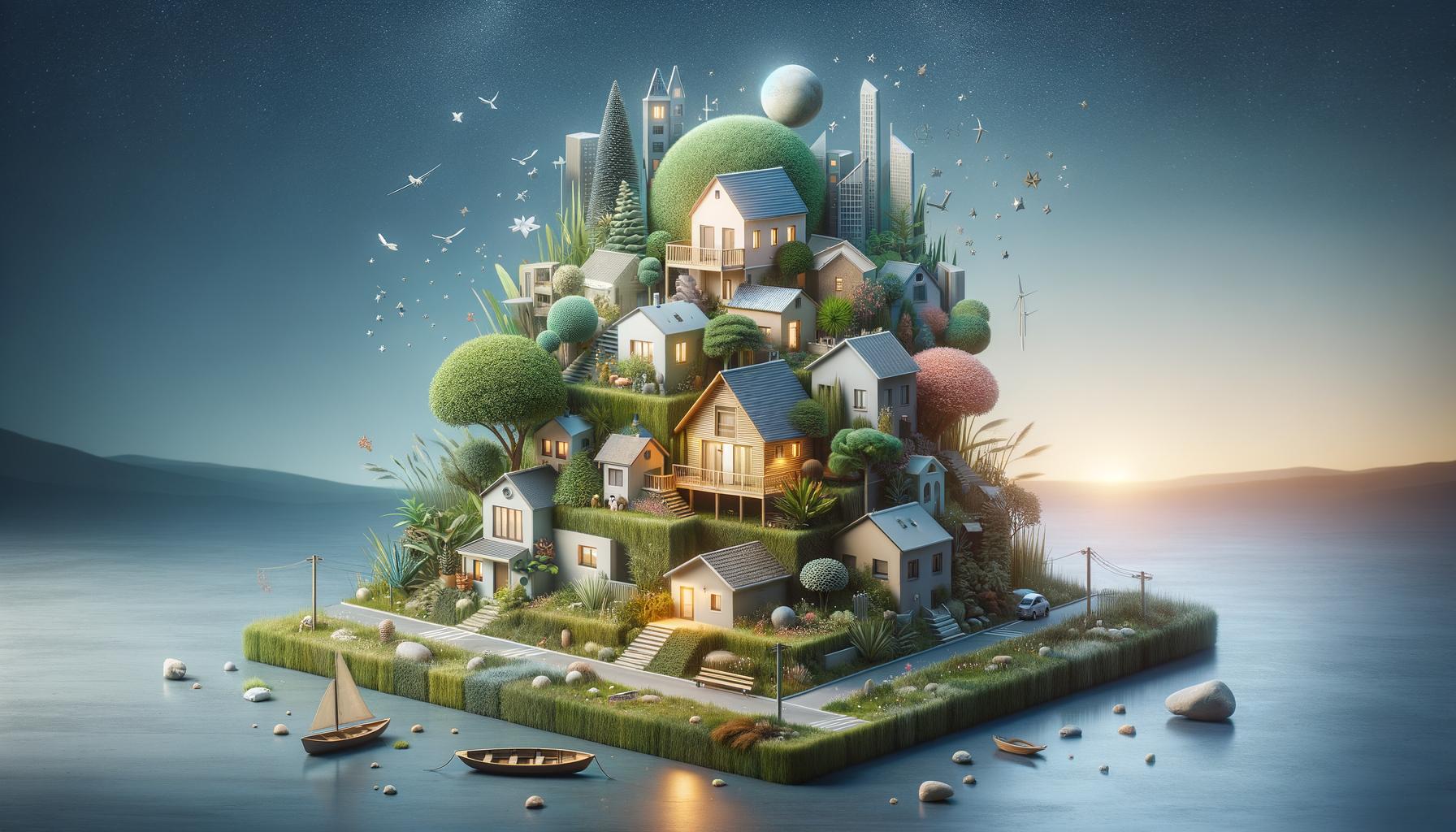 A whimsical, miniature island city with houses, trees, and skyscrapers, floating on water at sunset, surrounded by boats and birds.