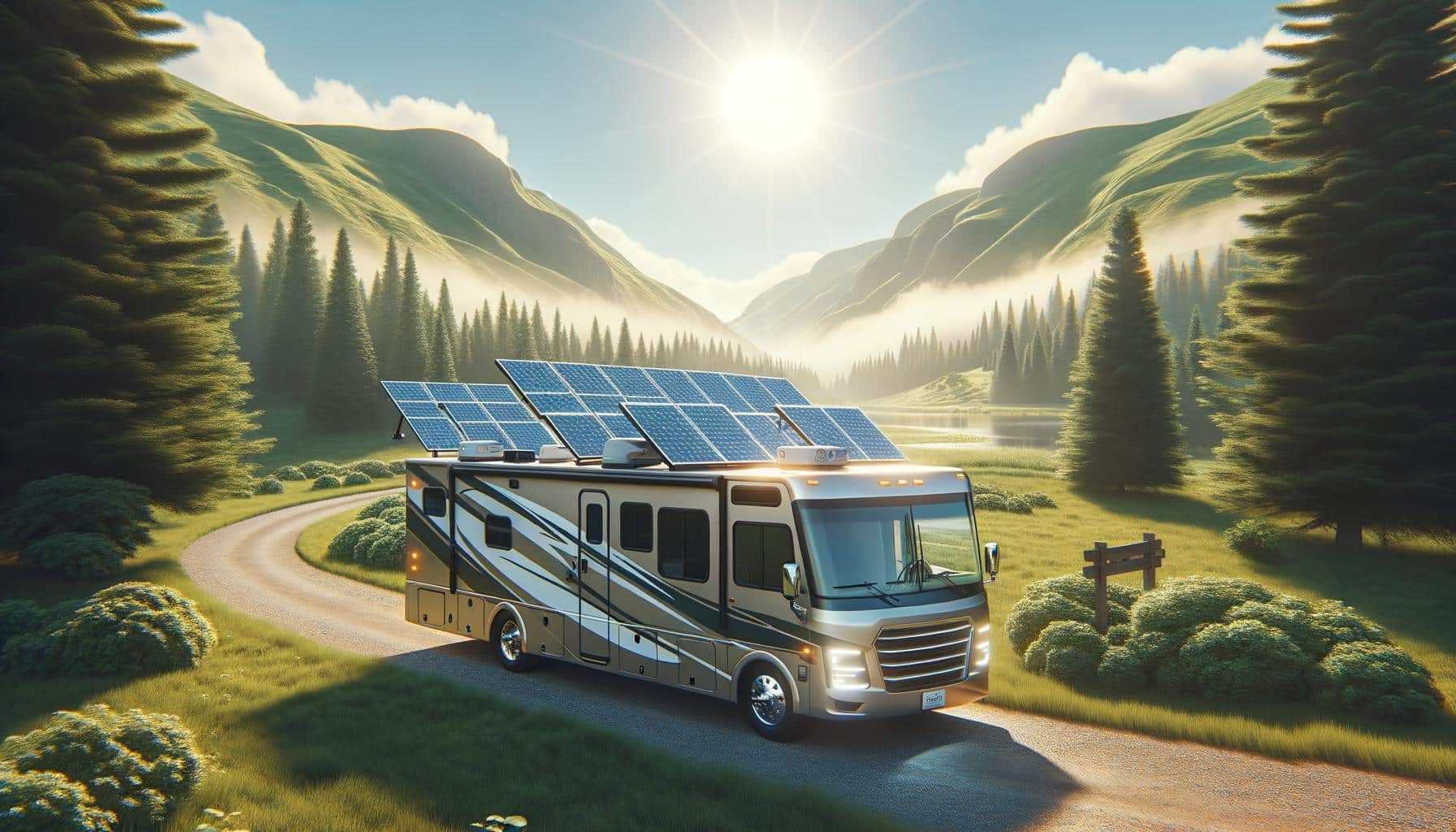 An RV with solar panels on its roof travels on a scenic forest road with sunlit mountains in the background.