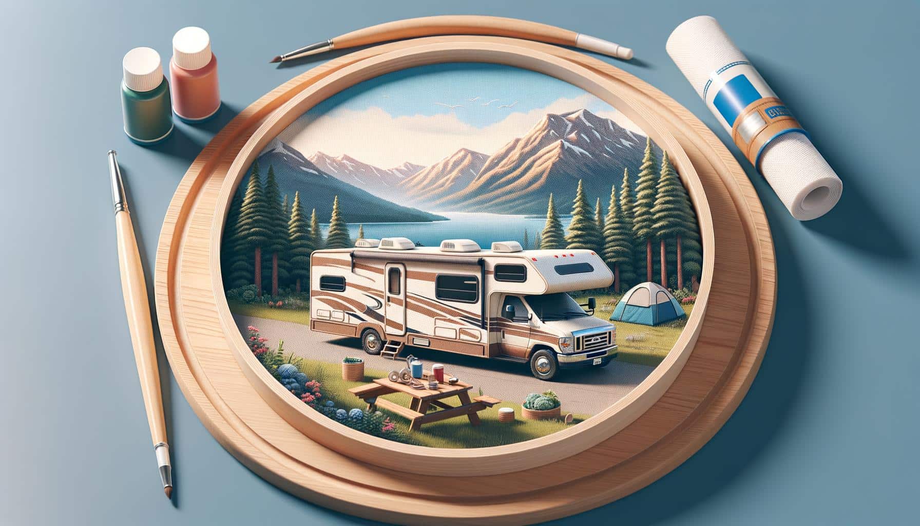 A round painting depicts an RV, a picnic table, and a tent in a mountainous, lakeside camp scene, surrounded by painting supplies.