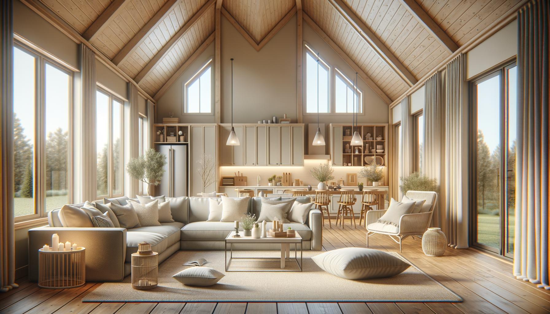 Spacious living room with high ceilings, large windows, and cozy furniture, leading to an open kitchen with pendant lights.