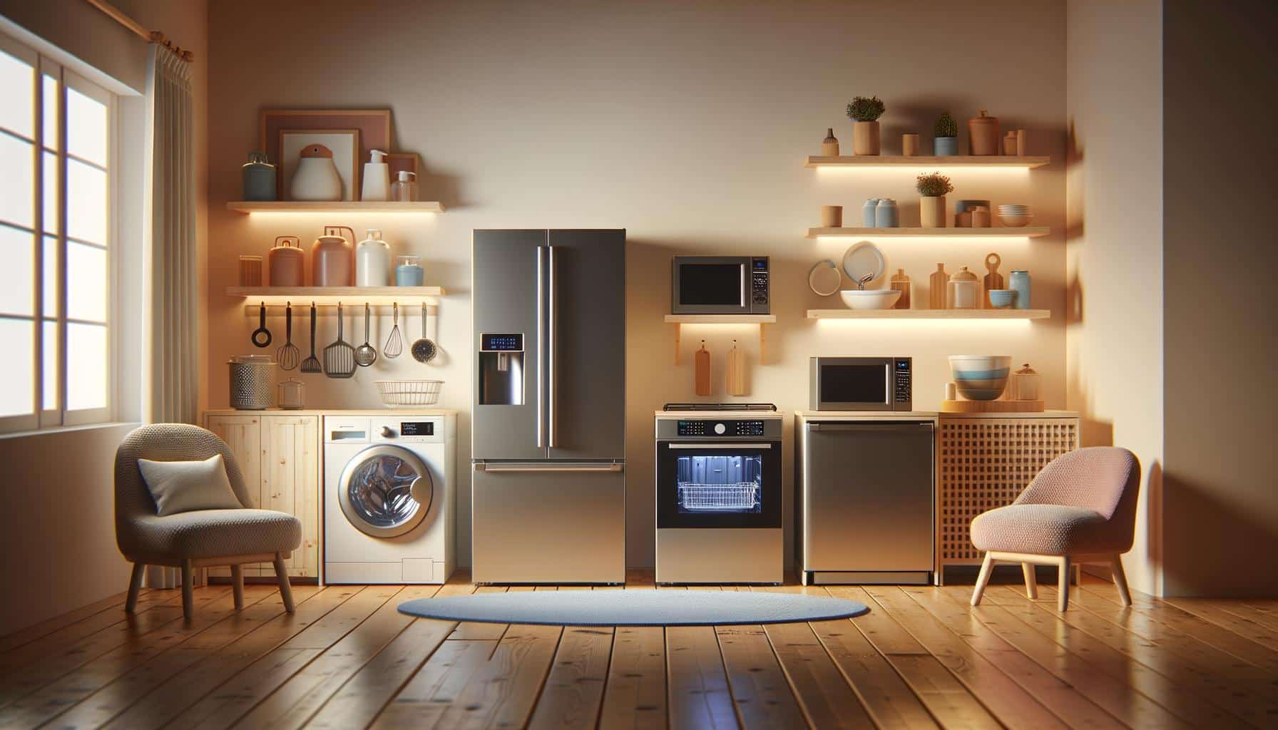 Modern kitchen with stainless steel appliances, wooden shelves, and cozy chairs.