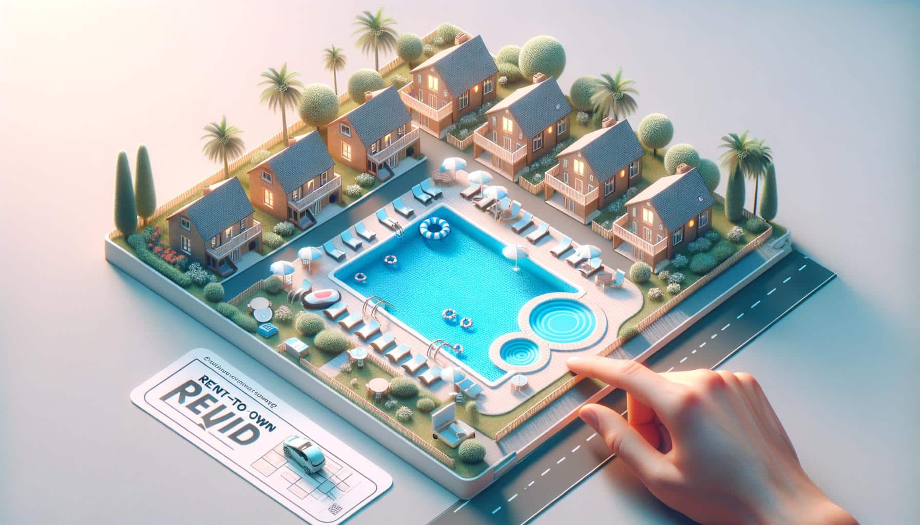 Miniature neighborhood with houses, a pool area, and a hand pointing at it.