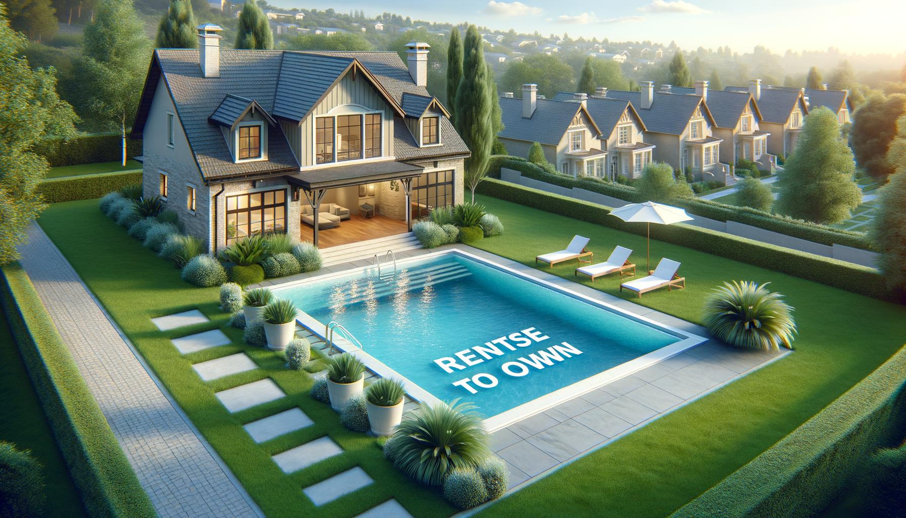 A large house with a blue roof, a backyard pool labeled "Rent to Own," and lounge chairs beside it.