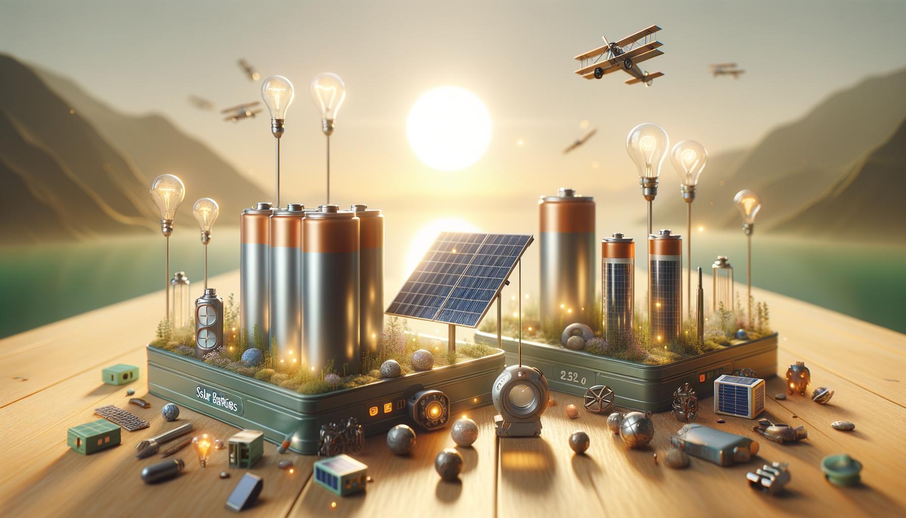 Miniature landscape with batteries, light bulbs, solar panels, and toy planes under a sunlit sky.