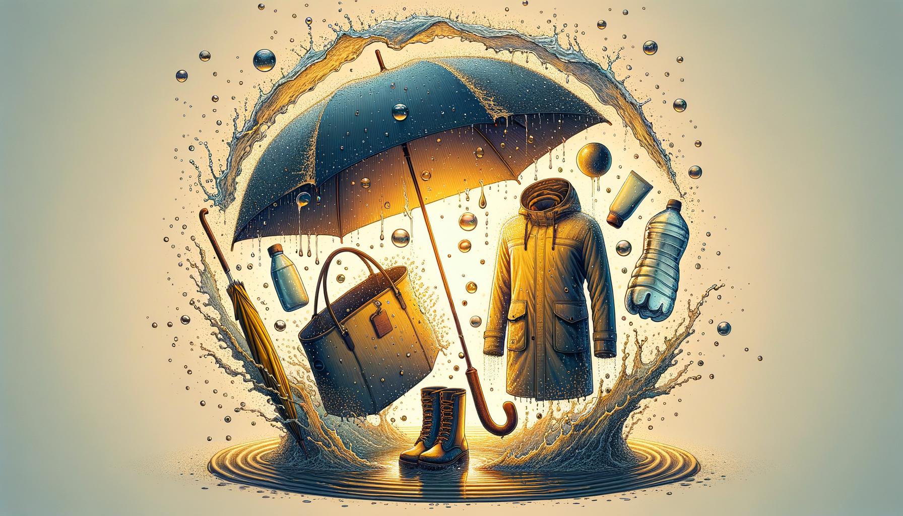 An umbrella, raincoat, boots, and bag surrounded by splashing water and floating items.
