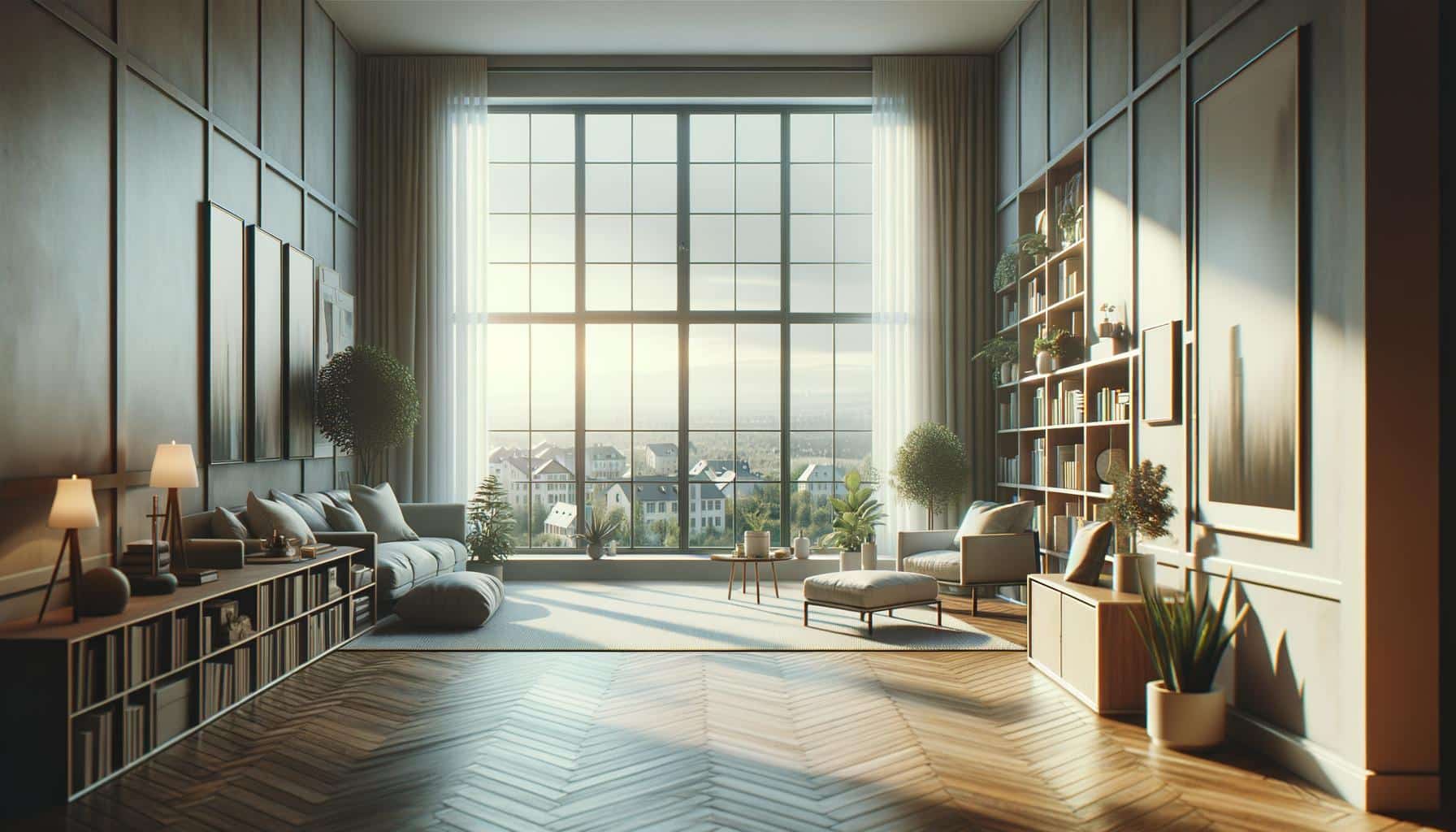 Spacious living room with large windows, elegant decor, wooden flooring, and a cozy seating area.