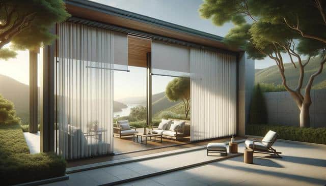 Modern terrace with lounge chairs, trees, and a view of hills and a lake at sunset.